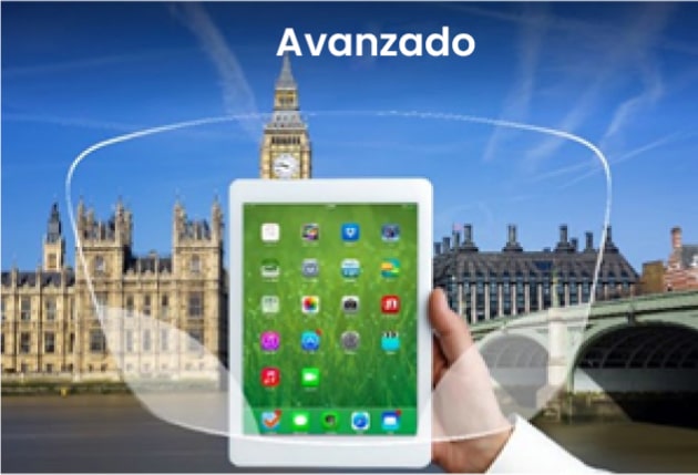 Ilustración de lentes progresivas avanzadas que muestran una visión más clara de una tableta con el fondo del Big Ben y el puente de Westminster en Londres.