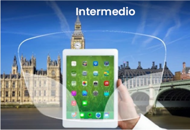 Ilustración de lentes progresivas intermedias que muestra una vista clara de una tableta con el fondo del Big Ben y el puente de Westminster en Londres.